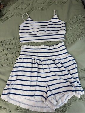Altar'd State White and Navy Striped Ribbed Set